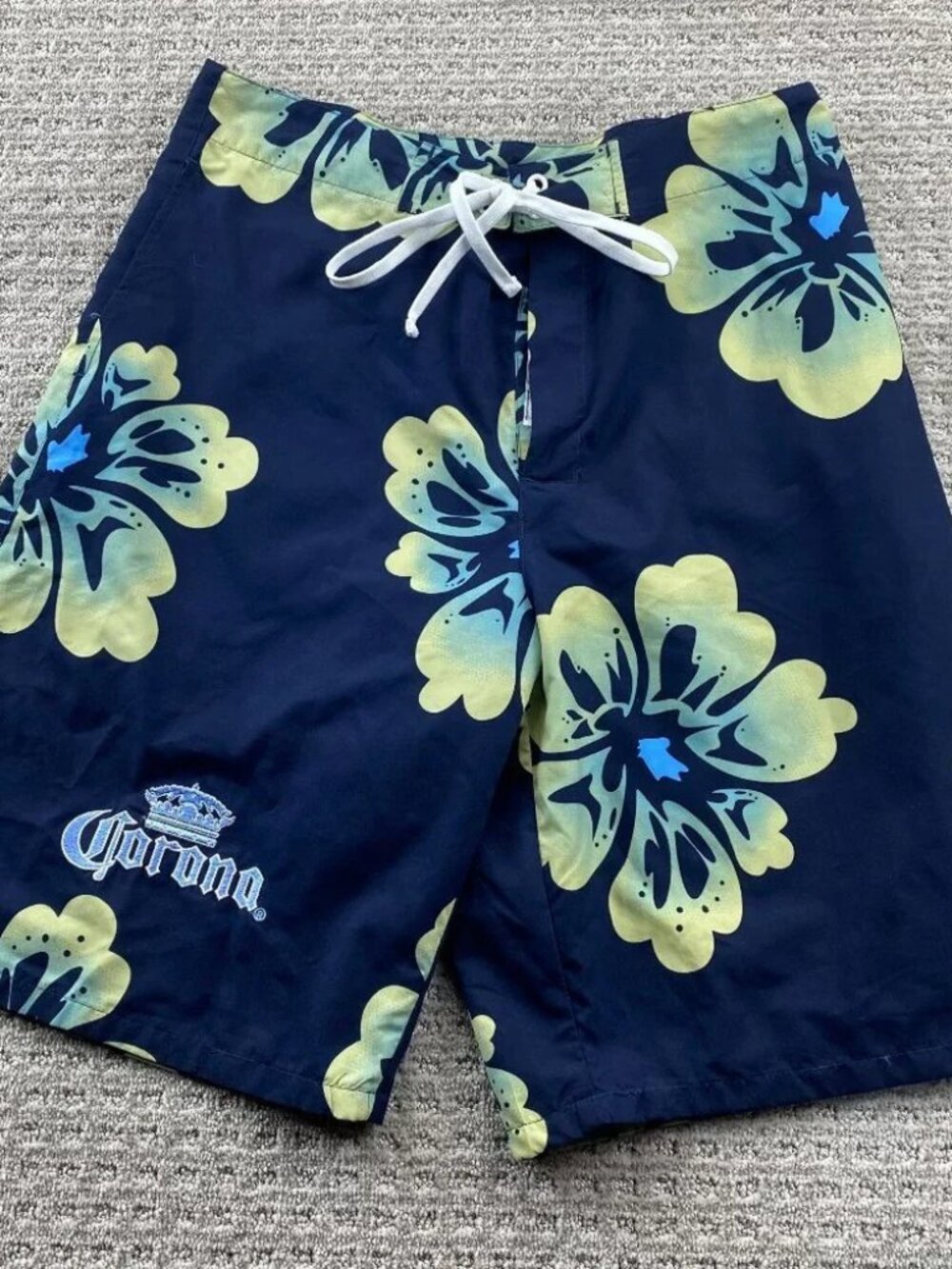 Corona Beer Swim Trunks Men Large L 34 Navy Blue Floral Bathing Suit Shorts